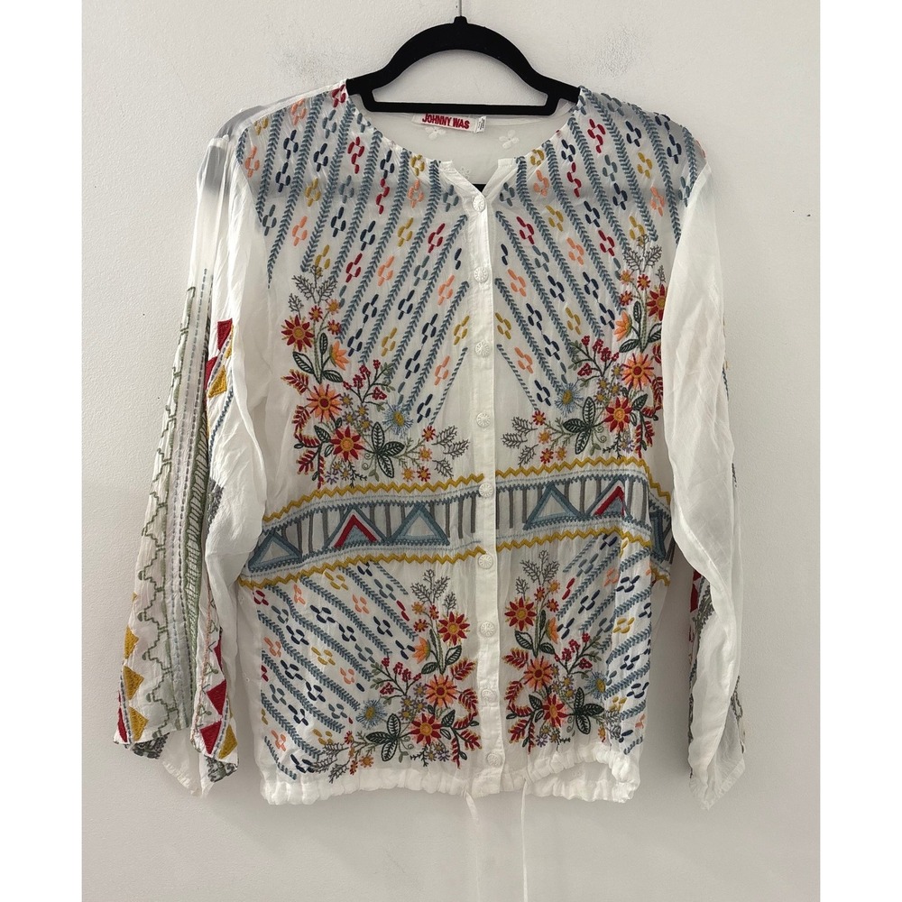 JOHNNY WAS Sheer White Embroidered Ezra Blouse Button Front Long Sleeve Size XXS